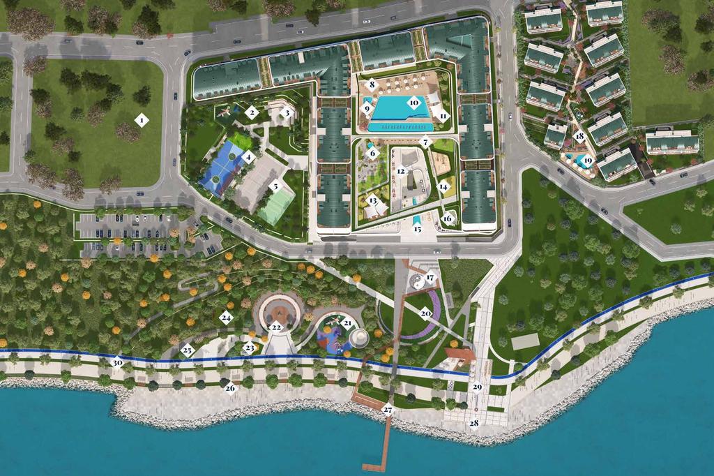 Project Facilities مخططات الطوابق Project Facilities مخططات الطوابق Mimaroba Cultural Center 1 Terrace with fireplace 16 Thematic Children s Playgrounds 2 Water-Show ground 17 Lawn Terrace & Pergolas