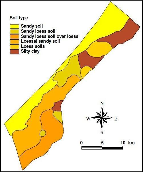 The types and the presents of each soil type in Rafah governorate are as follows: 20% clay (Alluvial Soil). 60% yellow sand and Mawasi (Loessial Soil). 20% sand (Loess Soil). Figure (3.