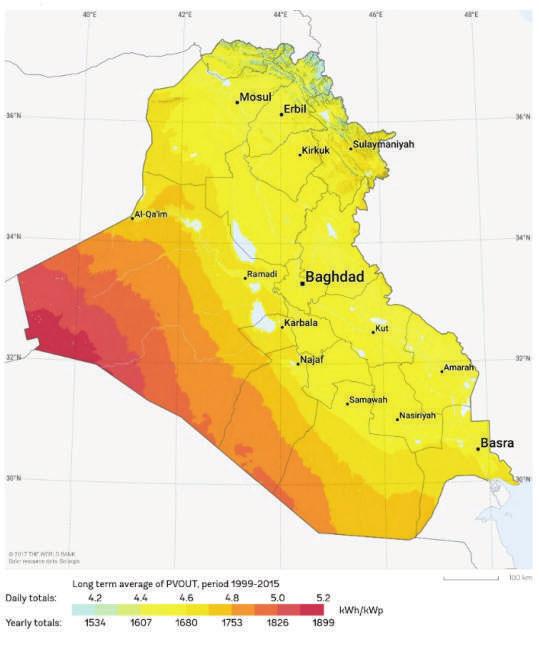 الطاقة الشمسية يف العراق: من البداية إىل التعويض متوسط املدى الطويل إلنتاج الكهرابء الفولط ضوئية املدة 1999-2015 اجملموع اليومي اجملموع السنوي )الشكل 4( خريطة العراق على وفق اإلشعاع األفقي السنوي