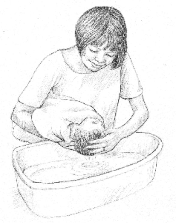 2. Begin by undressing your baby to his nappy, then gently cleansing his eyes, ears nose, face and neck creases, using luke-warm water, and a fresh piece of cotton wool for each area. 3.