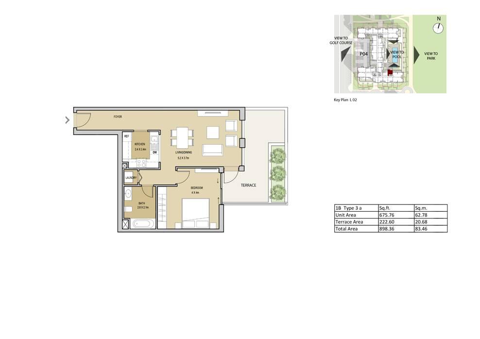 1 Bedroom Type 3A - Terrace Unit Area 675.76 sq.ft / 62.78 sq.m Terrace Area 222.60 sq.ft / 20.68 sq.m غرفة نوم النوع الثالث - A التراس منطقة الوحدة 675.