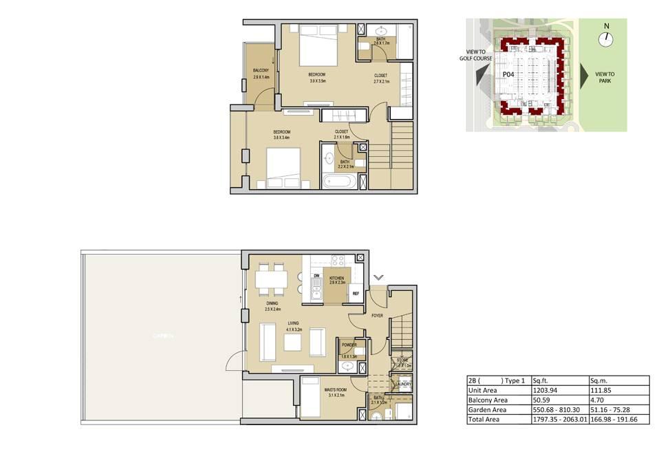 2 Bedroom (Duplex) Type 1 (with maid room) Unit Area 1203.94 sq.ft / 111.85 sq.m Balcony Area 50.91 sq.ft / 4.73 sq.m Garden Area 550.68-810.30 sq.ft / 51.16-75.28 sq.m Total Area 1797.35-2063.01 sq.