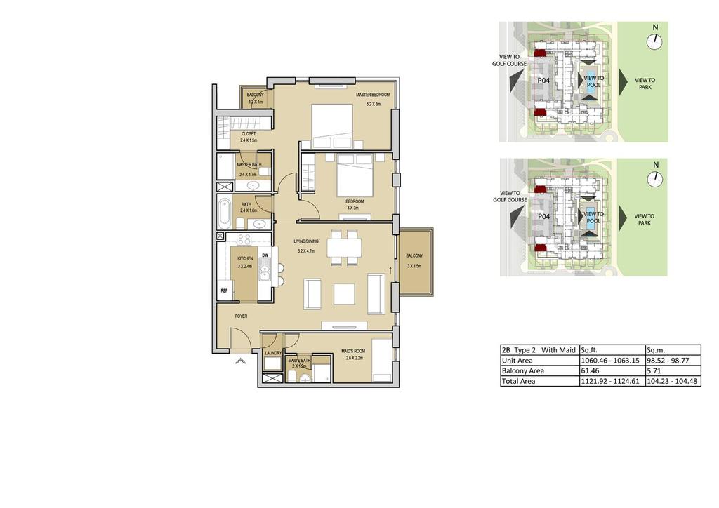 2 Bedroom Type 2 (with maid room) Unit Area 1060.46-1063.15 sq.ft / 98.52-98.77 sq.m Balcony Area 61.46 sq.ft / 5.71 sq.m غرفتي نوم النوع الثاني )مع غرفة الخادمة( منطقة الوحدة - 1060.46 1063.