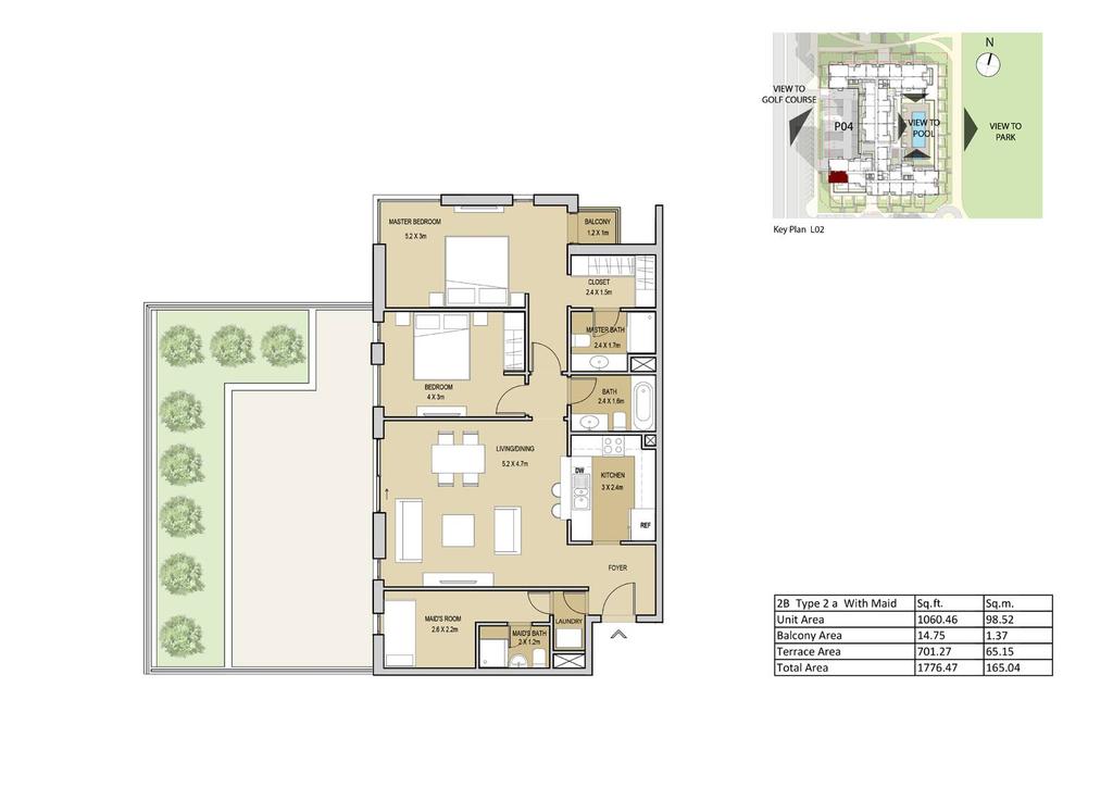 2 Bedroom Type 2 A - Terrace (with maid room) Unit Area 1060.46sq.ft / 98.52 sq.m Balcony Area 14.75 sq.ft / 1.37 sq.m Terrace Area 701.27 sq.ft / 65.15 sq.
