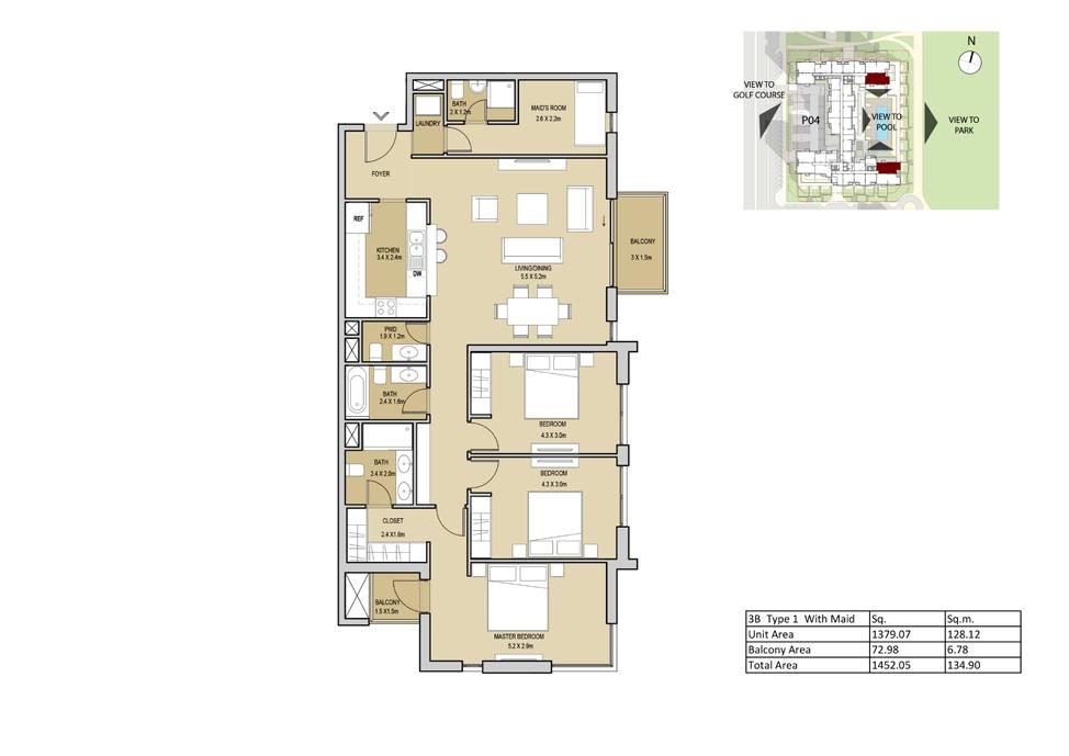 3 Bedroom Type 1 (with maid room) Unit Area 1379.07 sq.ft / 128.12 sq.m Balcony Area 72.98 sq.ft / 6.78 sq.