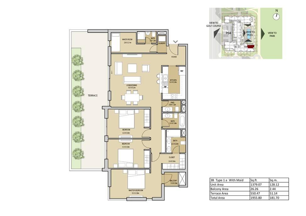 3 Bedroom Type 1A - (with maid room) Unit Area 1379.07 sq.ft / 128.12 sq.m Balcony Area 26.26 sq.ft / 2.44 sq.m Terrace Area 550.47 sq.ft / 51.14 sq.