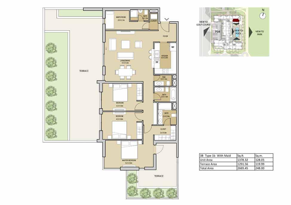 3 Bedroom Type 1B - (with maid room) Unit Area 1378.32 sq.ft / 128.05 sq.m Terrace Area 1291.56 sq.ft / 119.99 sq.
