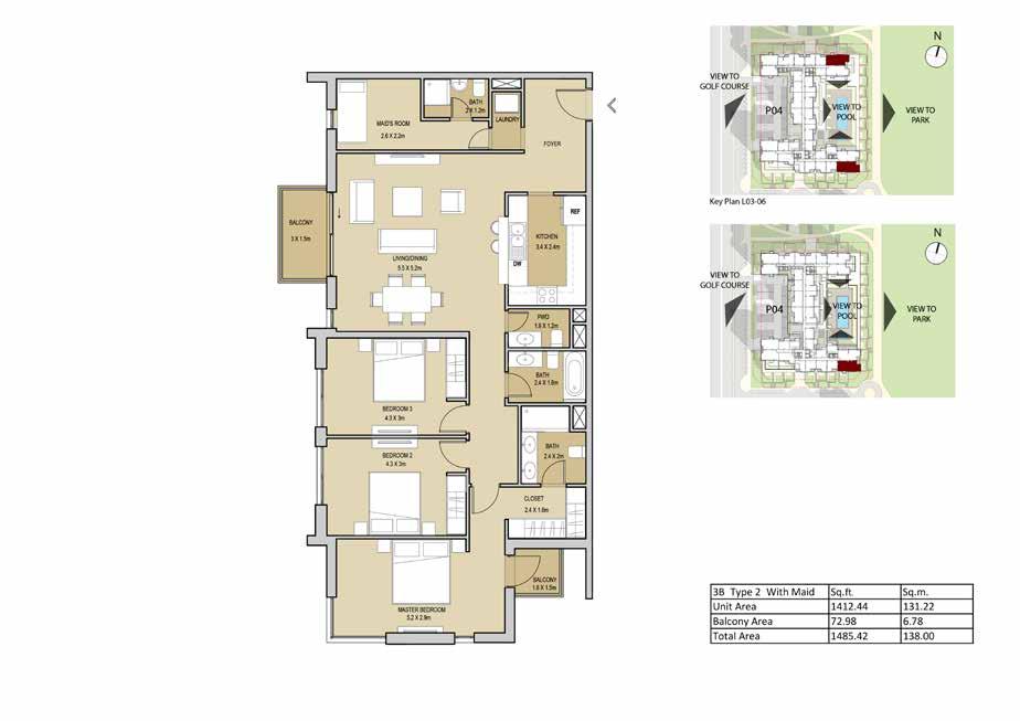3 Bedroom Type 2 (with maid room) Unit Area 1412.44 sq.ft / 131.22 sq.m Balcony Area 72.98 sq.ft / 6.78 sq.