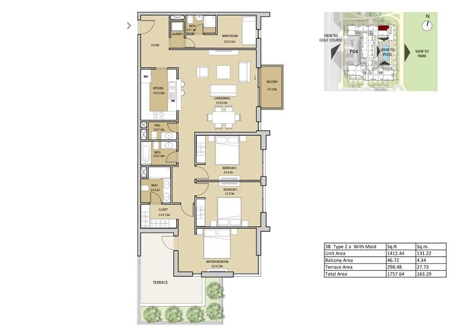 3 Bedroom Type 2A - (with maid room) Unit Area 1412.44 sq.ft / 131.22 sq.m Balcony Area 46.72 sq.ft / 4.34 sq.m Terrace Area 298.48 sq.ft / 27.73 sq.