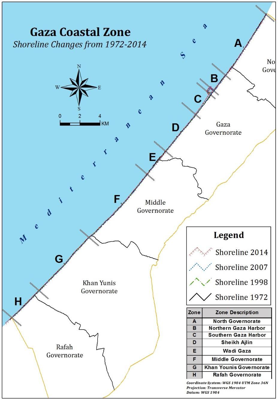 5.2 Shoreline Changes The shoreline change was estimated for the districts of Gaza coastal zone using remote sensing and GIS tools.