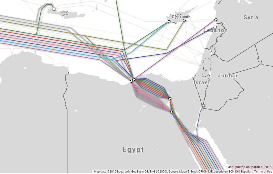 المصدر: خدمة أبحاث نطاق العرض التيليجغرافي العالمية خريطة الكابالت التحبحرية http://www.submarinecablemap.com/#/country/egypt حاليا يوجد أحد عشر كابل هبوط في موقعين على البحر األبيض المتوسط.
