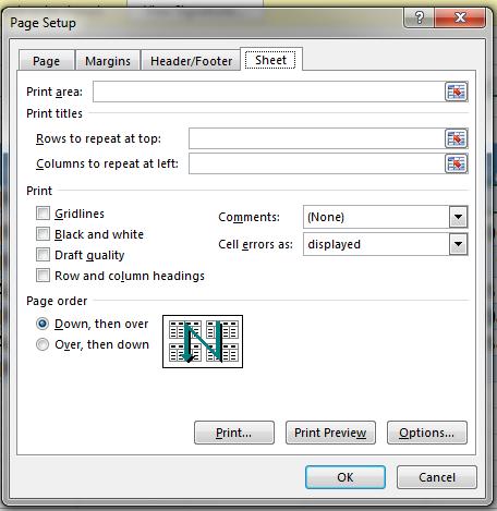 منطقة الطباعة Print Area حيث يمكن من هنا تحديد خلية أو مجموعة خاليا أو منطقة معينة من الورقة لطباعتها. الفواصل Breaks حيث يمكن من خاللها وضع فواصل محددة في الصفحة أو أزالتها.