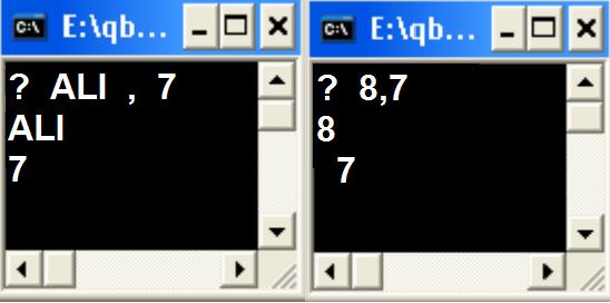 *المثال التالي يبين انه يمكن رمزية وليست عددية إدخال قيمه عددية للمتغير الرمزي لكن يتم التعامل معها كقيمة INPUT A$,B PRINT A$ PRINT B " اقتباس "