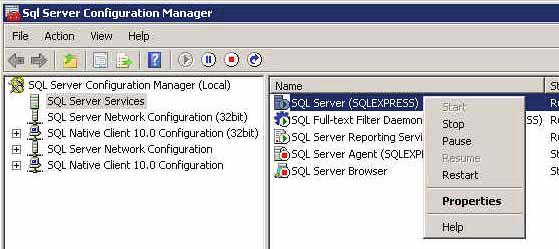 9 انقر. 9 بزر الماوس األيمن على SQL Server )خادم ( SQL ) SQLEXPRESS ( في الجزء األيمن وحدد Restart )إعادة تشغيل(.