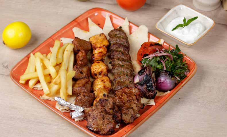 ..59 QR Half chicken grilled spiced served with french fries and garlic sauce. Arayes kafta.