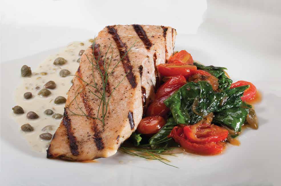 FRESH SALMON SEGAFREDO SPECIALS GRILLED CHICKEN Marinated grilled chicken, glazed with tomato chutney, comes with sautéed spinach, cherry tomatoes & mushrooms served with a goat cheese roll, mushroom