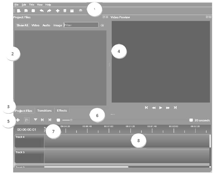 Openshot Video Editor 2 ملفات املصزوع Project Files 1 الصزيط الزئيشي Main Toolbar 3 تبويب الوظائف Function Tab ( للتنقل