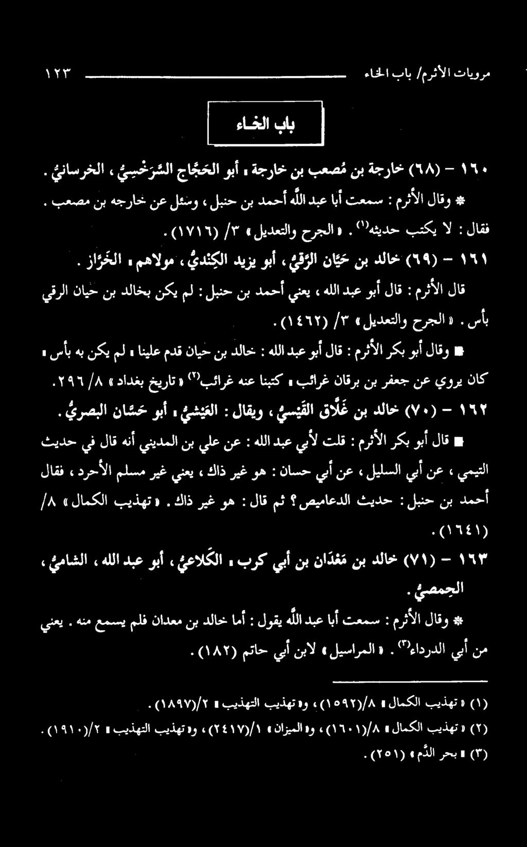بيذهت» («لامكلا /۸ : لاق وبأ دبع هللا لاق مرثألا ۱ - (59) دلاخ نب نا ي ح ء ى ق رلا «يدنكلاديزيوبأ مهالوم» زا ر خلا.. ) ۱۷۱١ ( /۳» لیدعتلاو حرجلا «.