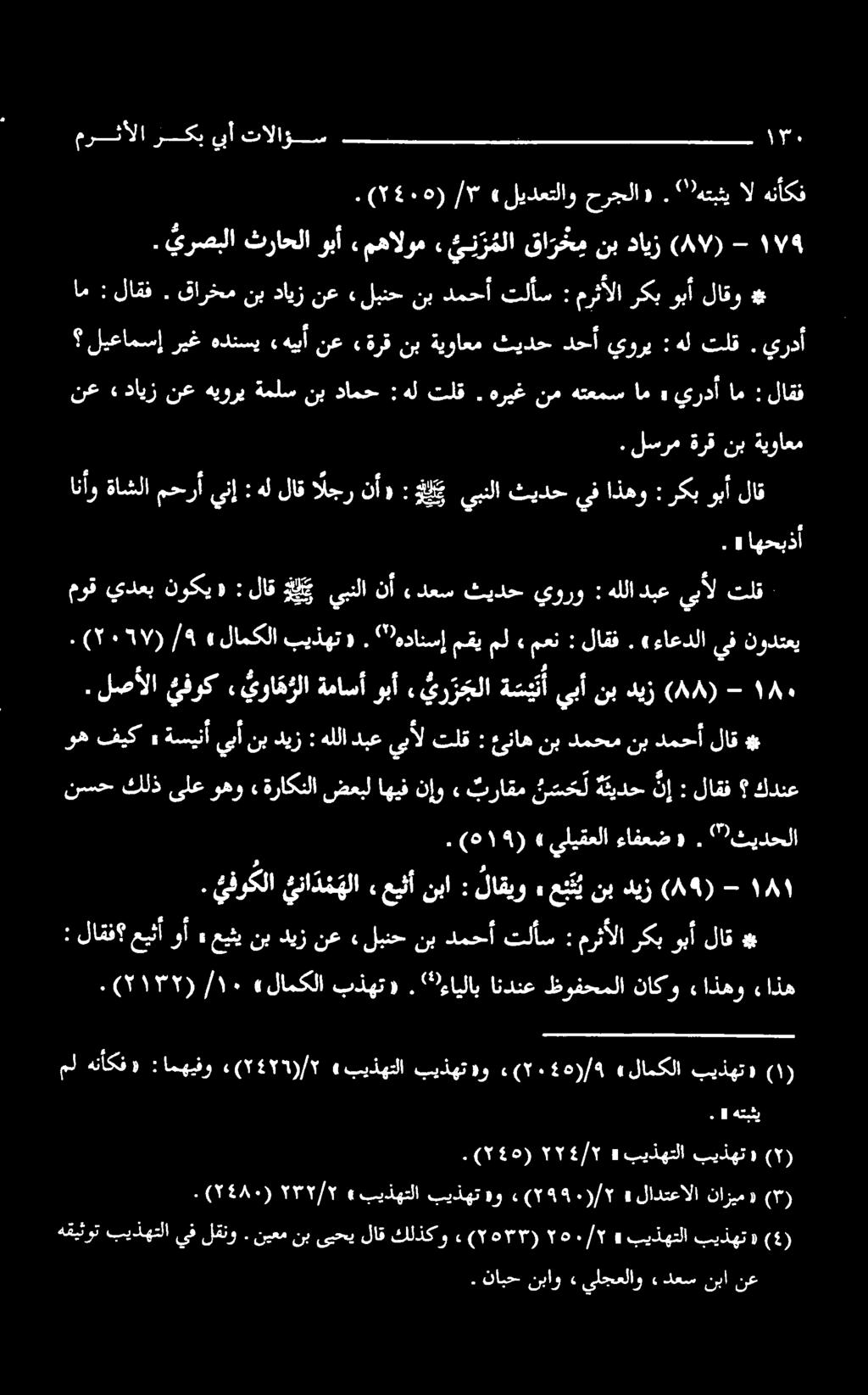 ۹ - (۸۷) دايز نب قا ر خ م, ئ ن ر ملا مهالوم وبآ ثراحلا يرصبلا. ۱۳۰ ۱ تالؤس يبأ ركب مرثألا ۰ - (۸۸) دیز نب يبآ سي ير رجلا» ةماسآوبآ والا» یفوک لصألا. (۲۰۷). ٩ / «لامكلا بيذهت و.