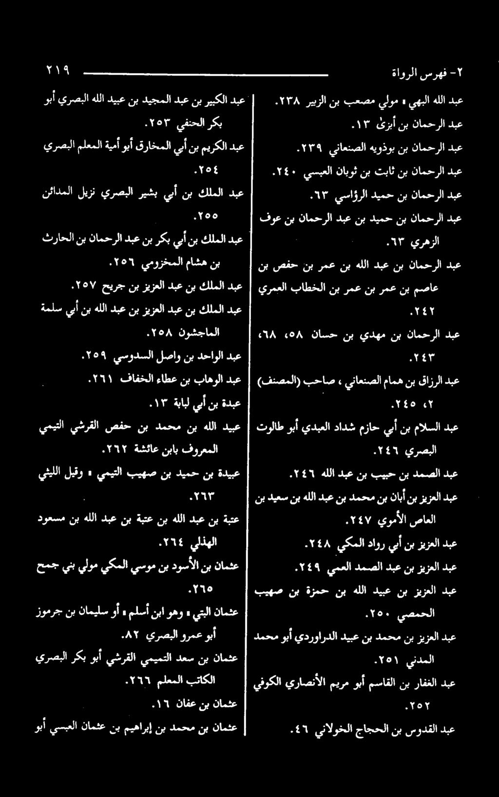 1۳ ةبابل يبأ نب ةدبع ۰۲۲۱ فافخلا ءاطعنبباهولا دبع.۲۹۹ يسودسلا لصاونبدحاولادبع ۰۲۵۸ نوشجاملا ةملس يبأ نب هللا دبع نب زيزعلا دبع نب كلملا دبع ۰۲۹۲ يموزخملا ماشه نب.۲۹۷ حیرج ني زيزعلا دبع نب كلملا دبع ۰.