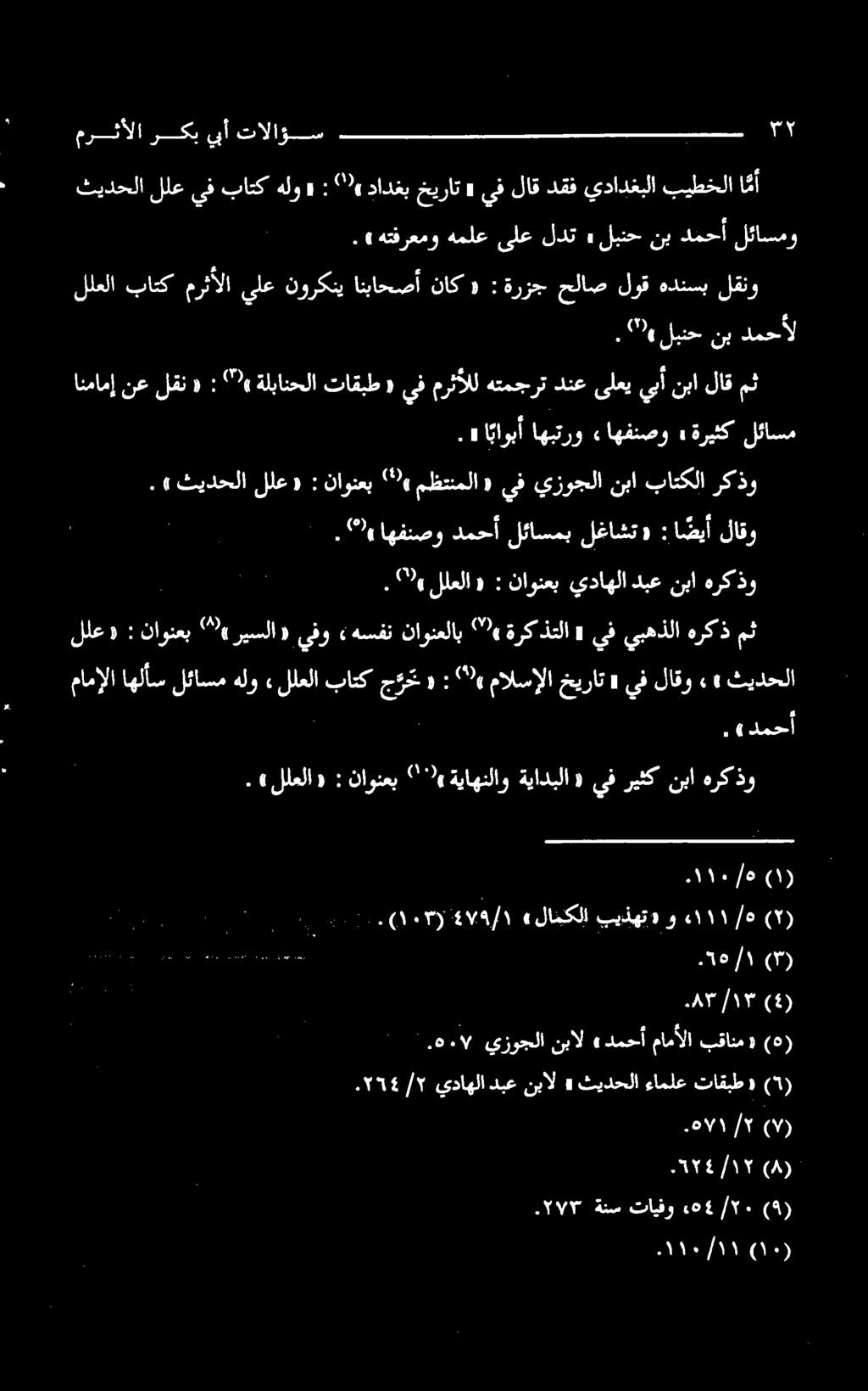 » ثیدحلا للع» : ناونعب 2«مظتنملا ١ يف يزوجلا نبا باتكلا ركذو. ٠ " لبنح نب دمحأل للعلا باتك مرثألا يلع نوركني انباحصأ ناك «: ةرزج حلاص لوق هدنسب لقنو.» للعلا «: ناونعب يداهلا دبع نيا هرکذو.