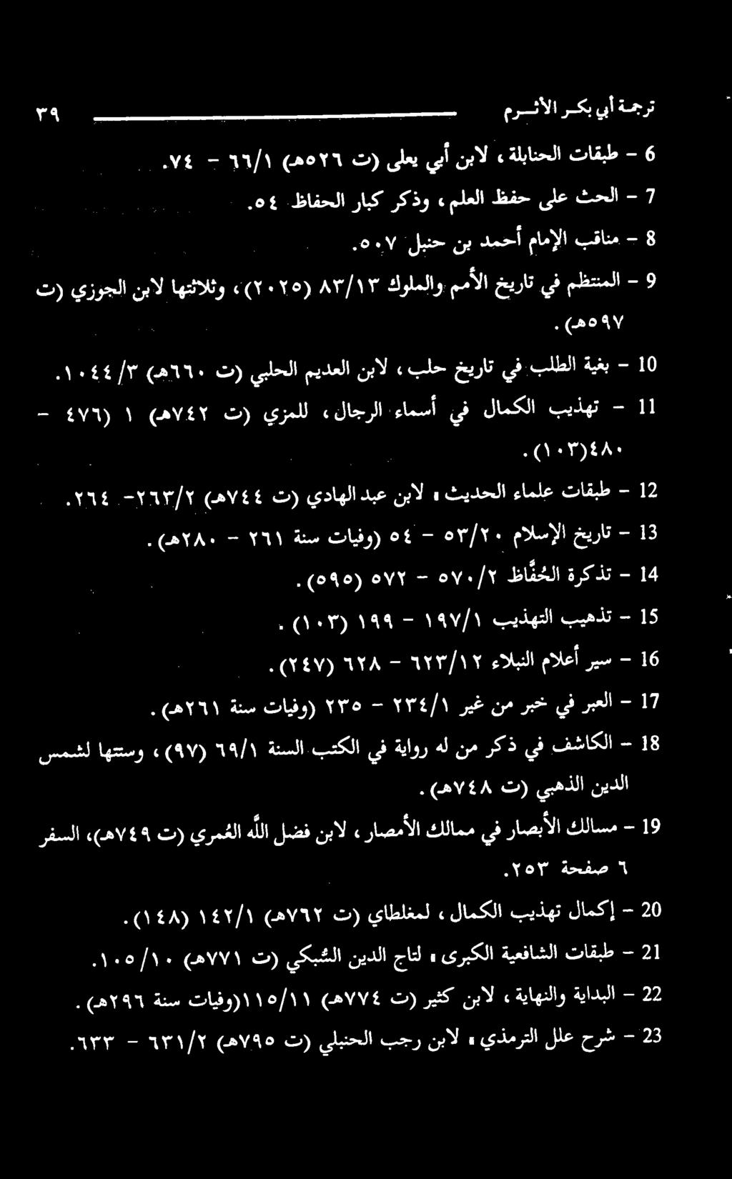 (ه ۲۸۰-۲۱ ةنس تایفو - ۵4 ۵۳/۲۰ مالسإلا خيرات - 3. )046( ۰۷۲ ۷۰/۲ - ظا نخلا ةرکذت - (۰۳ ۰ ۱۹۹ ۱۹۷/۱ - بیذهتلا بیهذت - 5. ) ۲٤۷ ( 1۲۳/۱۲-1۲۸ ءالبللا مالعآ ریس - 6.