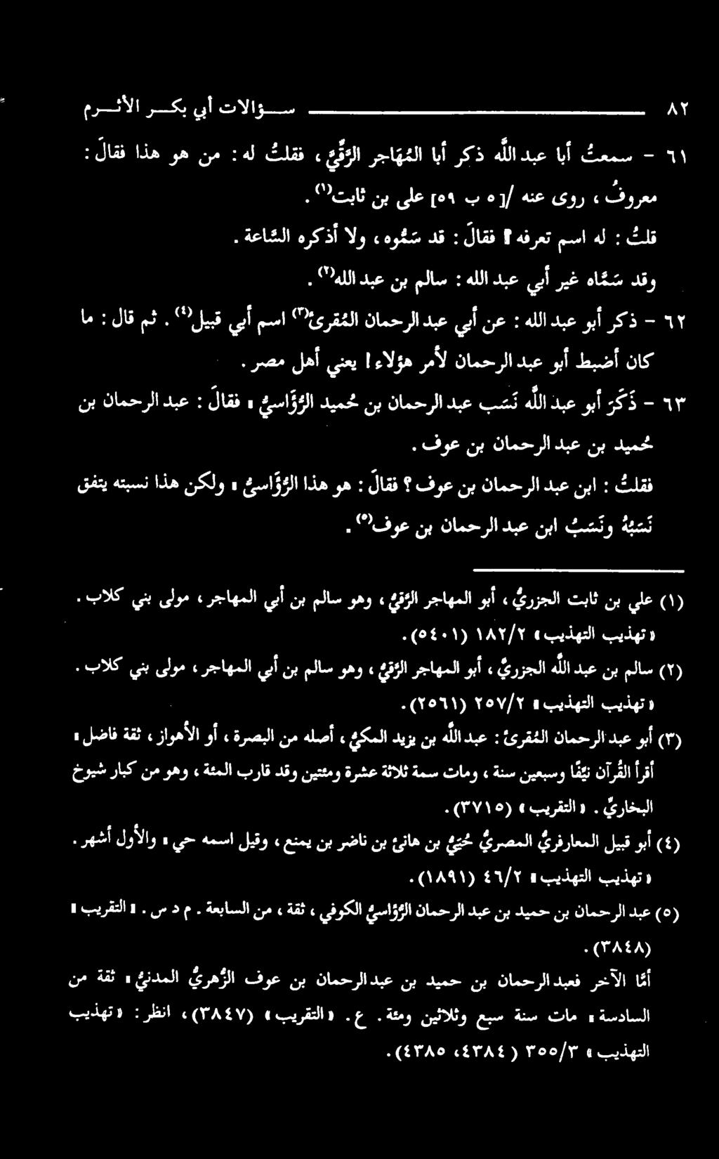 دبع وبأ (۳) ب س نو دبعنبا نامحرلا نب " فوع. ه ي س ن )٤( ۱ - ثعمس ابآ دبع ه للا رکذ بأ رجا ه ملا ملا ثلقف هل : نم وه اذه لاقف : ا دوست مس حک ین ادا شبا يأ سك ماسالا هللادبعيبأريغها م س : هللادبعنبملاس.