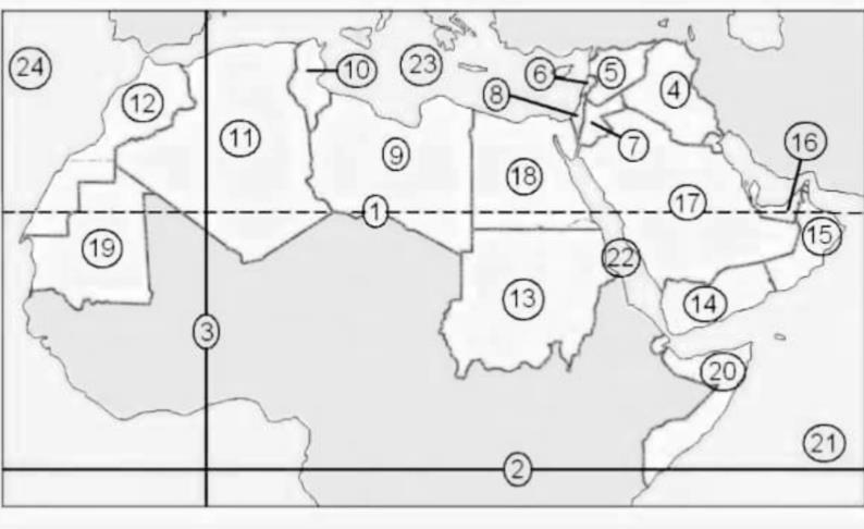 دوائر عرض ( 1,2(, خط طول ( 3(, دول ذات مناخ البحر المتوسط ( 4.5.6.7.8.9.10.11.
