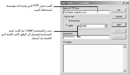 ٦.٢٨ الوحدة السادسة. ٥ في مربع الحوار إضافة / تعديل مواقع ( Add/Modify FTP Locations ) FTP. اكتب عنوان FTP الذي وفرته لك مؤسسة استضافة الويب.