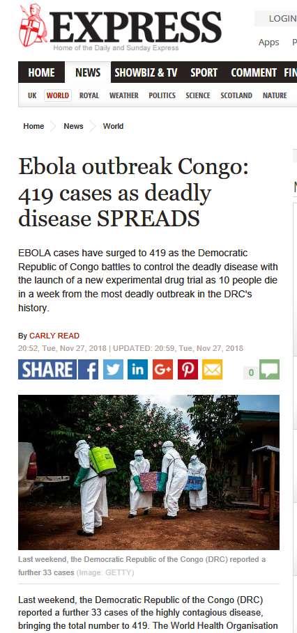 وصل انتشار االيبوال في الكنغو الى 419 حالة وعدد وفيات كثير