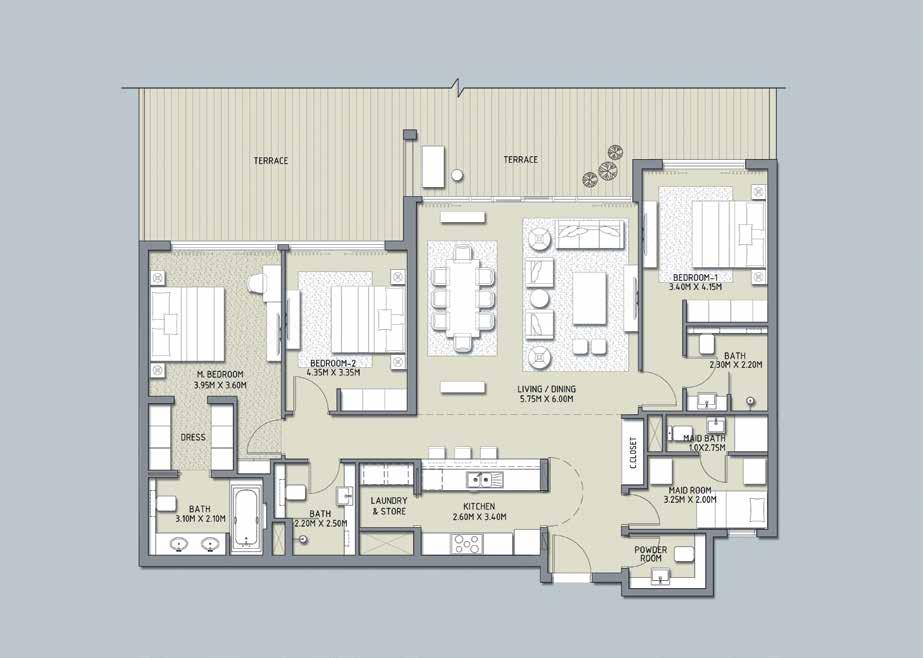 3DT 3 Bedroom Units B2-108 LEVEL 01 Sellable Area Sqm. Sqft. Suite Area 160.70 1729.80 Terrace Area 173.70 1869.70 Total Area 334.40 3599.