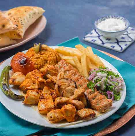 Karışık ızgara Köşebaşı bestsellers: tender chicken cubes, marinated beef slices, tavuk kebab and special lamb kebap Chicken Platter 6.