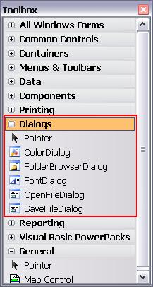 شكل :33-4 تبويب Dialogs ويجب أن ننوه أن هذه العائلة من عناصر التحكم هي من جنس المكونات أي أنها ل تظهر فوق النموذج. 1.30.1 تدريب : استخدام صندوق الحوار FolderBrowserDialog.