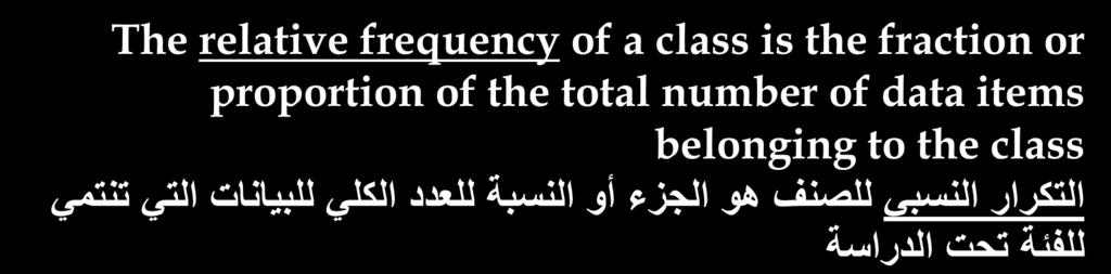 Relative Frequency Distribution التوزيع التكراري النسبي The relative frequency of a class is the fraction or