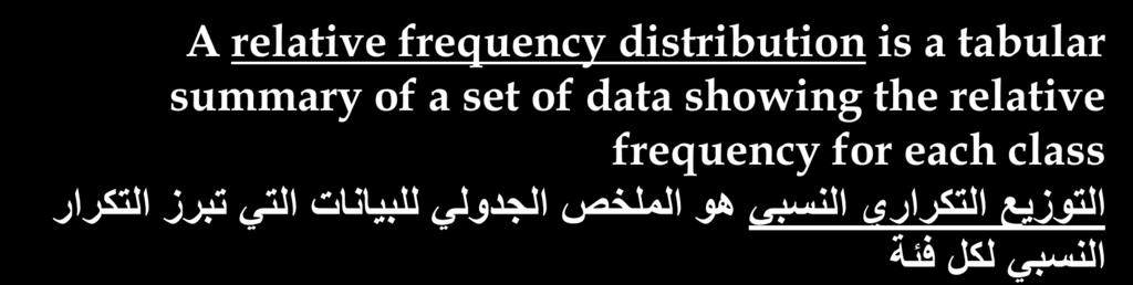 الكلي للبيانات التي تنتمي للفئة تحت الدراسة A relative frequency distribution is a tabular summary of a set of data