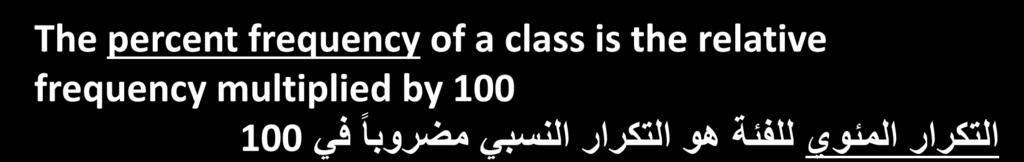 Percent Frequency Distribution التوزيع التكراري المئوي The percent frequency of a class is the