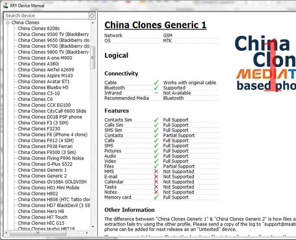 China Clones in XRY Logical Logical extraction > 350 models