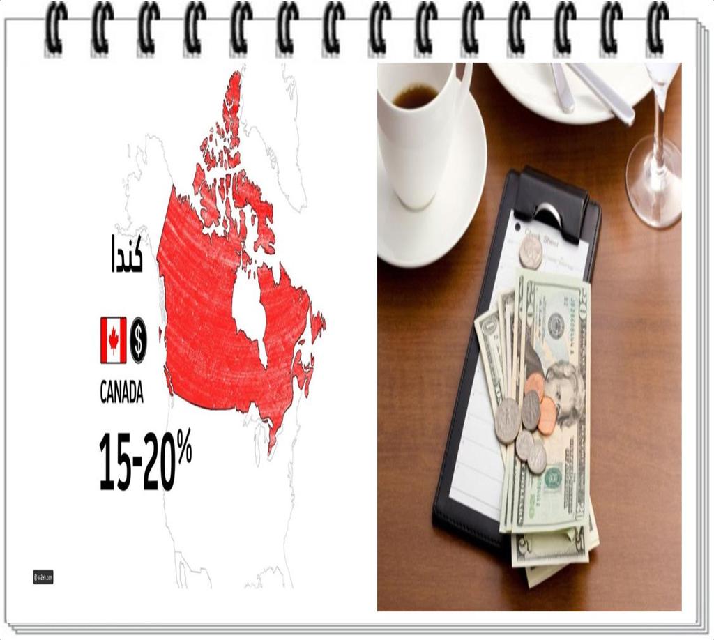 البقشيش في المطاعم نادرا ما يتم تضمين البقشيش في المطاعم الكندية. من المعتاد أن البقشيش يصل ما يقرب من 20-15 على إجمالي الفاتورة قبل الضرائب وأقل لسوء الخدمة وأكثر من ذلك لخدمة استثنائية.