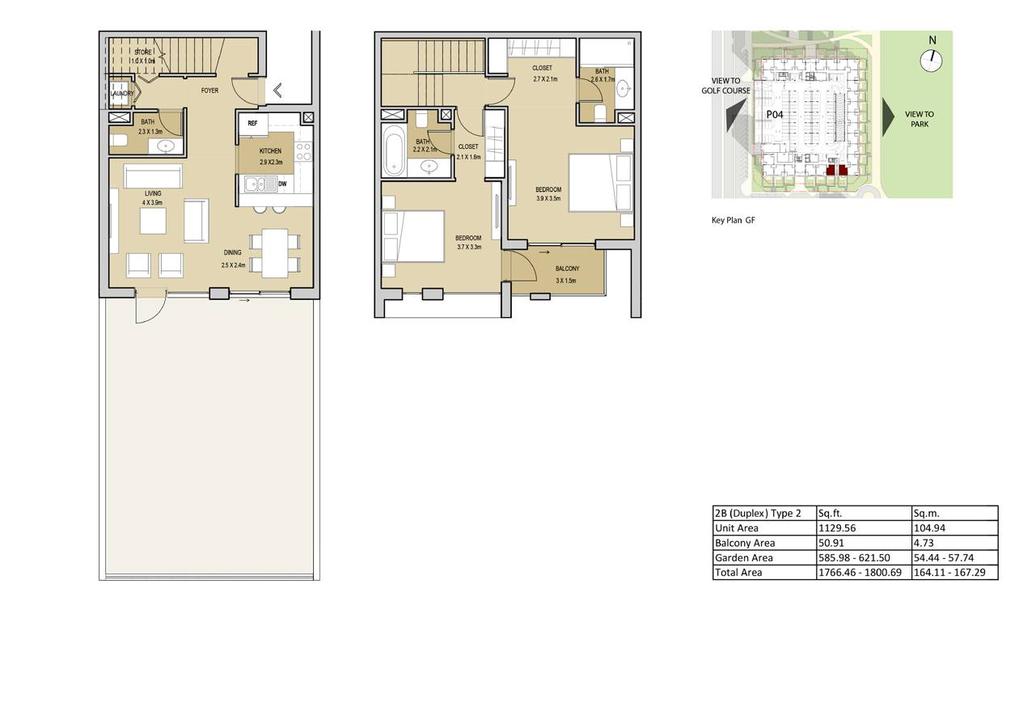 2 Bedroom (Duplex) Type 2 Unit Area 1129.56 sq.ft / 104.94 sq.m Balcony Area 50.91 sq.ft / 4.73 sq.m Garden Area 585.98-621.50 sq.ft / 54.44-57.74 sq.