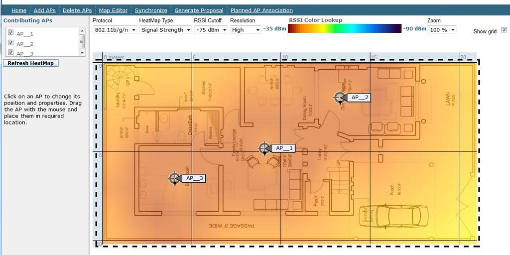 بالضغط علي Add APs ستخرج لك صفحة قم بتوزع األكسس بوينت الثالثة يف األماكن اليت تريد اإلشارة هبا أن تكون قوية و بشكل مركزي مث اضغط Apply لتظهر لك هذه الصفحة و اليت تبني مقدار انتشار اإلشارة و شدهتا