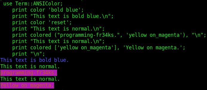 المقطع الثاني ) *Code(39 ;" print "This text is normal.\n #1 print colored ("programming-fr34ks.", 'yellow on_magenta'), "\n"; #2 ;" print "This text is normal.