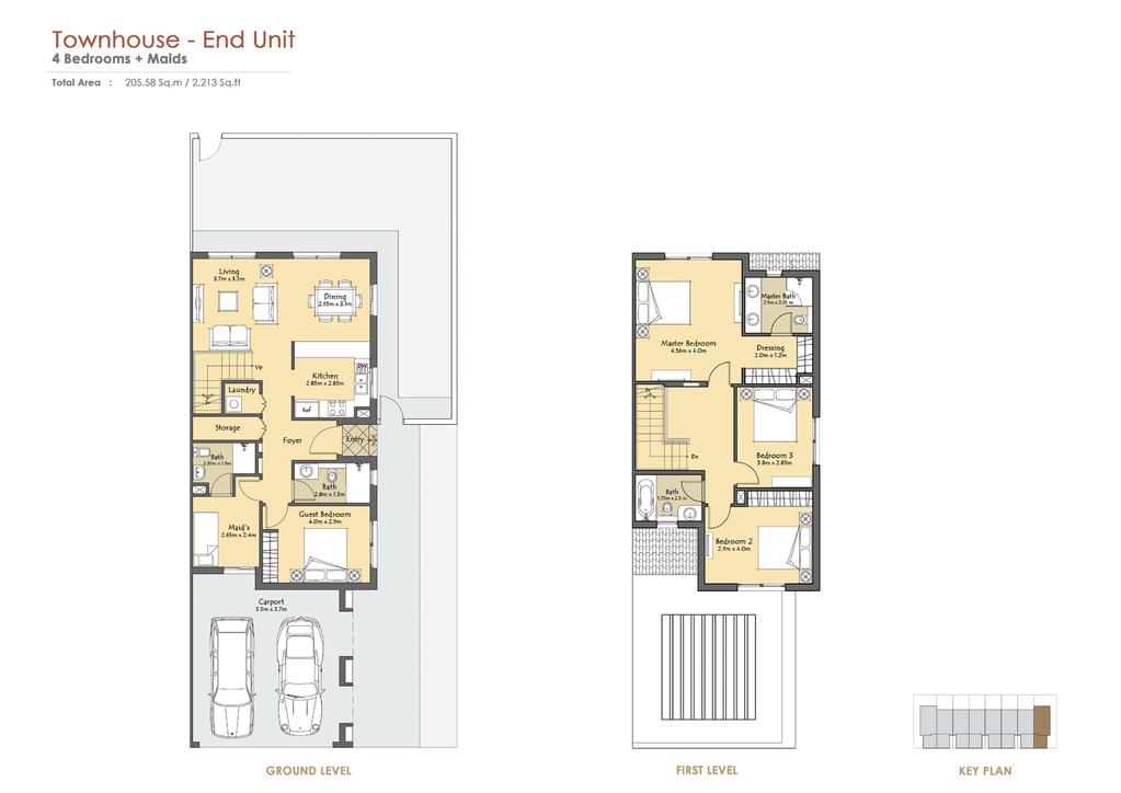 Townhouses - End Unit 4 Bedrooms + Maids Total Area: 2,213 Sq.ft/205.58 Sq.