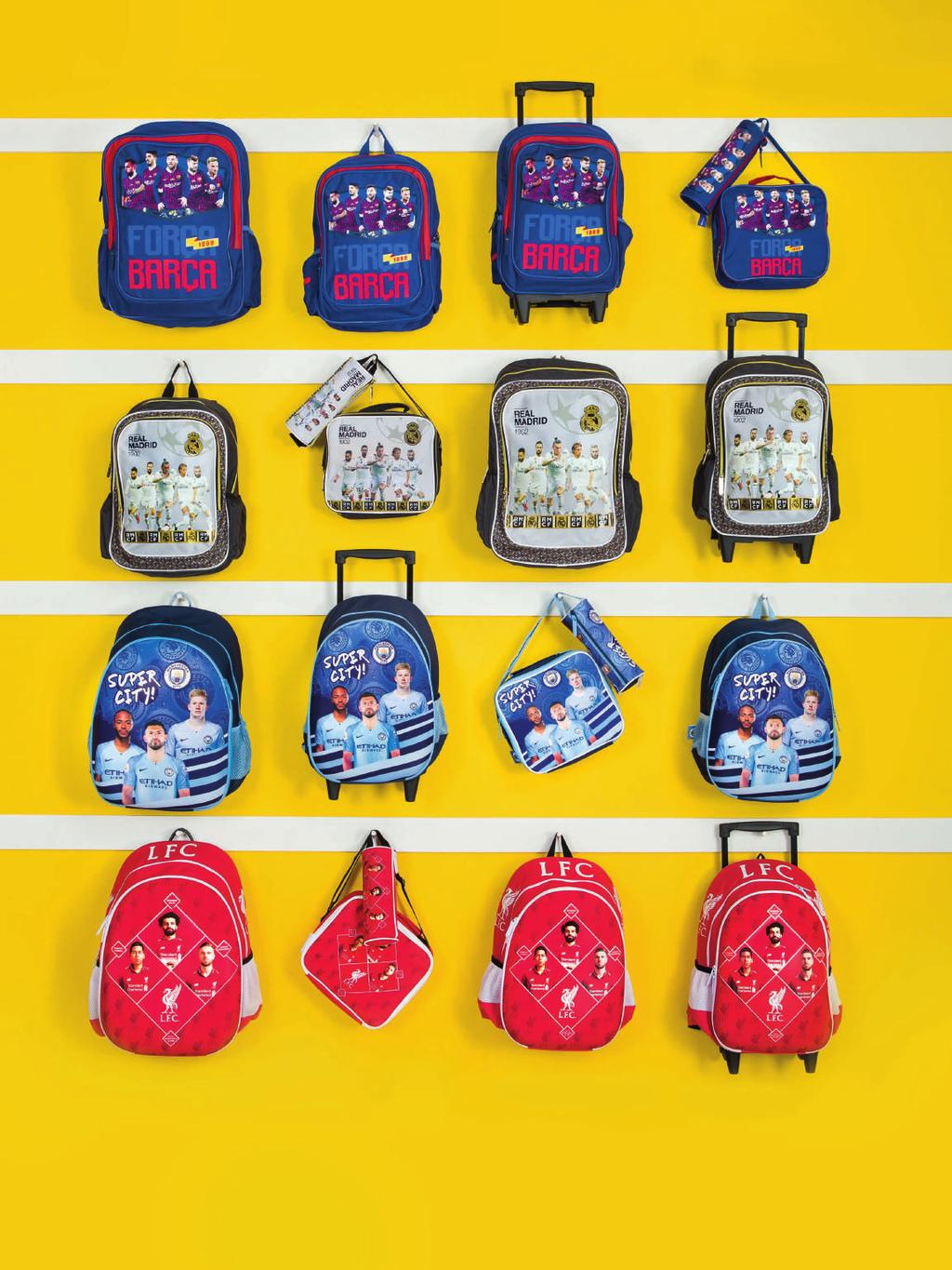 BARCELONA COLLECTION 18 Backpack AED 175, 16 Backpack AED 115, 16 Trolley Backpack AED 199, Pencil Pouch AED 27, Lunch Bag AED 69, REAL MADRID COLLECTION 16 Backpack AED 115, Pencil Pouch AED 27,