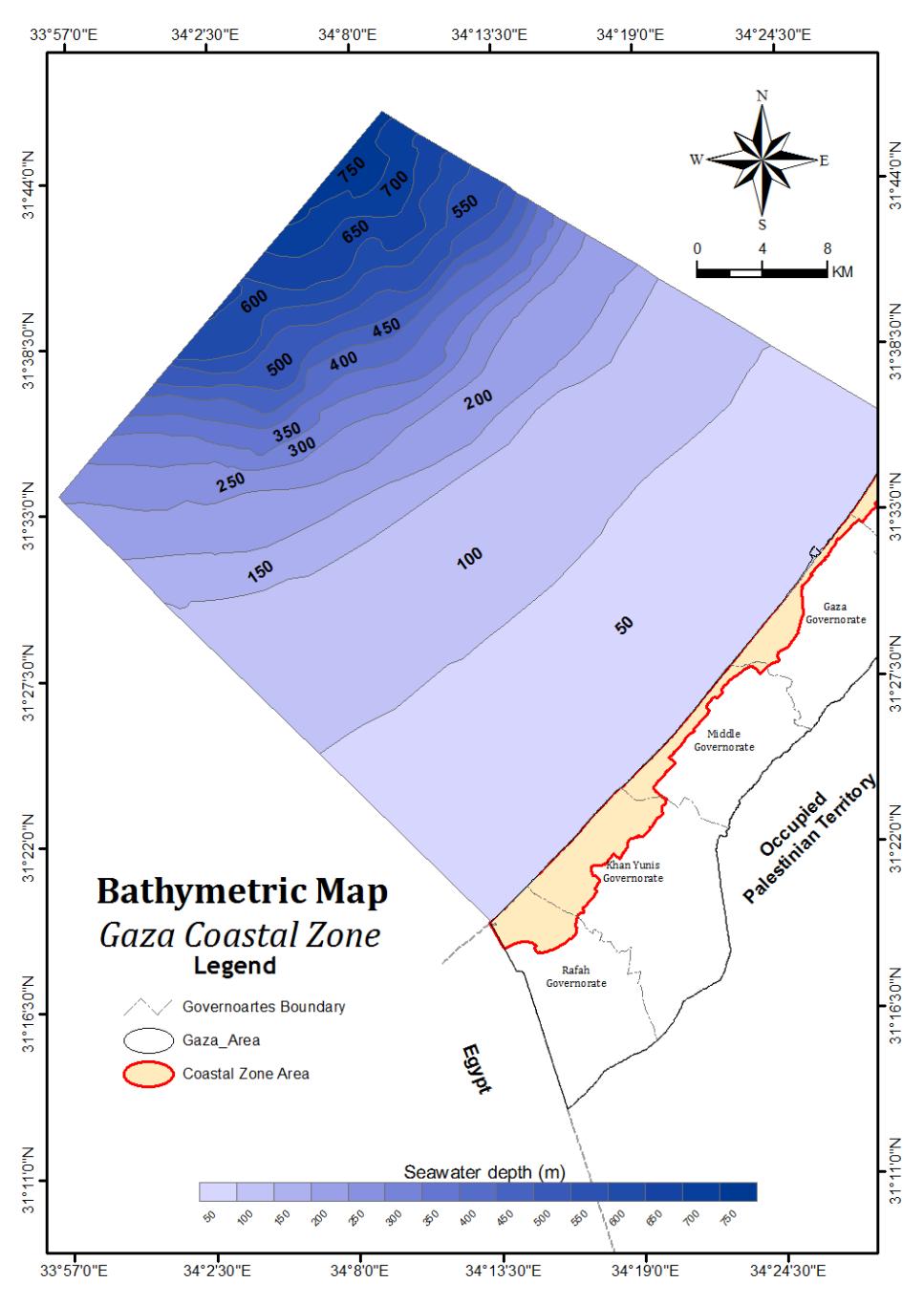 Figure (3.9): Bathymetric Map of Gaza coastal zone based to (MEnA, 2001) 3.7.