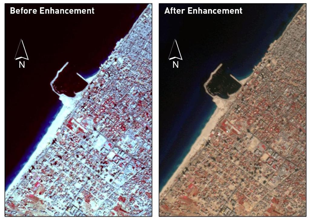 Figure (4.3): Image enhancement "before and after" for SPOT-5 satellite image using ERDAS in year 2004. 4.