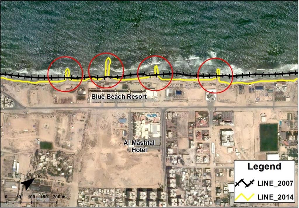 The study shows that the erosion is growing during this periods even after many groins were built in Al-Sudaniya area "Blue Beach Resort", however, erosion continues in this zone as shown in Figure