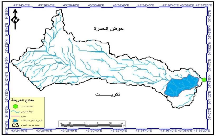 خريطة )9( تبين موقع السدة والبحيرة في وادي المحزم المصدر: اعتمادا على االرتفاع الرقمي )DEM( ومخرجات برنامج 10.