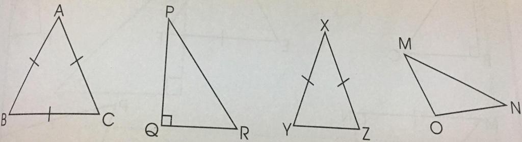 Q#6 Fill in the blanks. Triangle ABC is a/an triangle. equilateral All sides of triangle ABC are. Triangle PQR is a/an triangle. equal right angled One of the angles of triangle PQR is.