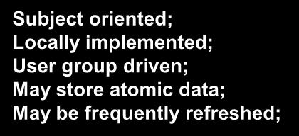 Subject oriented; Locally implemented; User group driven; May store atomic data; May be