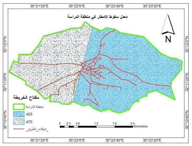 خارطة رقم )4(: معدل سقوط األمطار في قرية بيت دجن المصدر: إعداد الباحث باالعتماد على وزارة الزراعة. 4.
